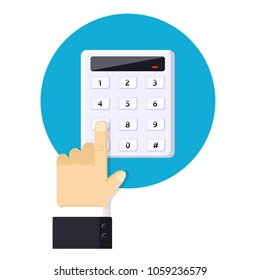 
Code entry security device  Password house alarm Modern flat style vector illustration icons Keypad system digital dialer access panel Combination PIN Code on key board Presses a finger business hand