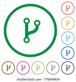 Code fork flat color icons in round outlines on white background