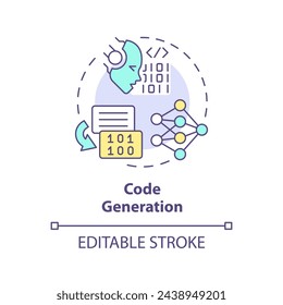 Icono de concepto multicolor de generación de código. Asistencia para el desarrollo de software. Inteligencia artificial. Ilustración de línea de forma redonda. Idea abstracta. Diseño gráfico. Fácil de usar en infografía