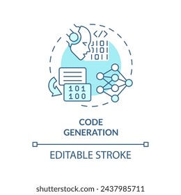 Icono de concepto de generación de código azul suave. Asistencia para el desarrollo de software. Inteligencia artificial. Ilustración de línea de forma redonda. Idea abstracta. Diseño gráfico. Fácil de usar en infografía