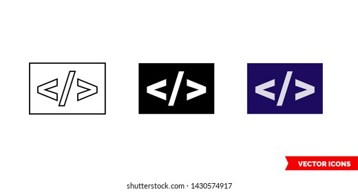 Code icon of 3 types: color, black and white, outline. Isolated vector sign symbol.