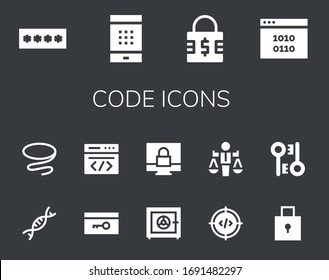 code icon set. 14 filled code icons.  Simple modern icons such as: Password, Padlock, Binary code, Genetic, Tie, Key, Coding, Safe box, Value, Encryption