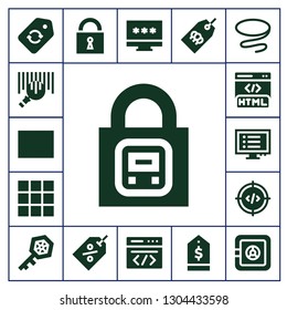 code icon set. 17 filled code icons.  Collection Of - Label, Barcode, Lock, Keypad, Html, Program, Code, Key, Tag, Password, Coding, Tie, Safe box