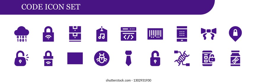  Code Icon Set. 18 Filled Code Icons.  Simple Modern Icons About  - Binary, Lock, Data Storage, Label, Coding, Barcode, Password, Tie, Privacy, Padlock, Bug, Unlock, Dna