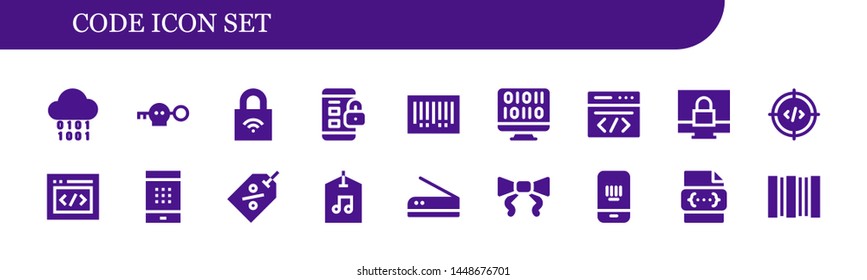 code icon set. 18 filled code icons.  Collection Of - Binary, Key, Lock, Padlock, Barcode, Binary code, Coding, Html, Password, Tag, Label, Scan, Tie, Css