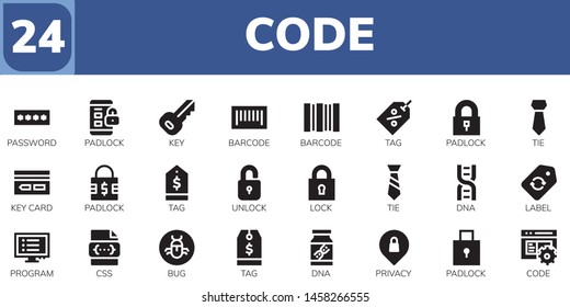 code icon set. 24 filled code icons.  Collection Of - Password, Padlock, Key, Barcode, Tag, Tie, Key card, Unlock, Lock, Dna, Label, Program, Css, Bug, Privacy, Code