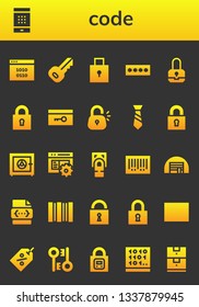 code icon set. 26 filled code icons.  Simple modern icons about  - Binary code, Password, Key, Padlock, Lock, Tie, Safe box, Fingerprint scan, Barcode, Storage, Css, Tag