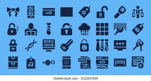 code icon set. 32 filled code icons. on blue background style Simple modern icons about  - Tie, Lock, Padlock, Data storage, Coding, Reader, Genetic, Label, Key, Binary code, Barcode