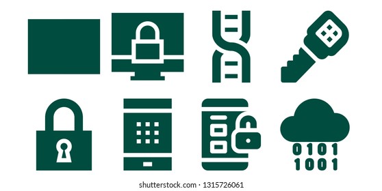 code icon set. 8 filled code icons.  Collection Of - Lock, Barcode, Password, Padlock, Dna, Binary, Key