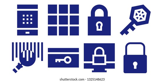 code icon set. 8 filled code icons.  Collection Of - Barcode, Password, Key, Keypad, Padlock, Lock