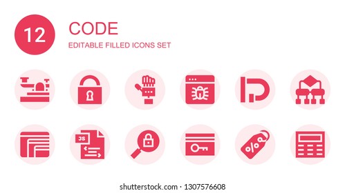 code icon set. Collection of 12 filled code icons included Telegraph, Padlock, Technology, Bug, Lock, Responsive design, Js, Key card, Label, Algorithm, Keypad