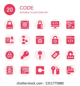 code icon set. Collection of 20 filled code icons included Lock, Fingerprint scan, Padlock, Coding, Code, Clone, Algorithm, Bug, Padlocks, Html, Key, Label, Responsive design