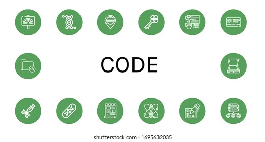 code icon set. Collection of Pride, Genetics, Key, Coding, Member card, Dna, Genes, Script, Genomics, Storage, Scanner icons