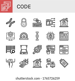 code icon set. Collection of Script, Chromosome, Lock, Keylogger, Api, Unlock, Code, Token, Dna, Search engine, Bar code, Scanner, Optimization, Coding, Password, Fingerprint scan icons