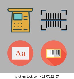 code icon set. vector set about cash machine, text editor, bars code and barcode icons set.