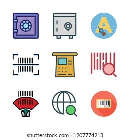 code icon set. vector set about barcode, barcode scanner, safebox and text editor icons set.