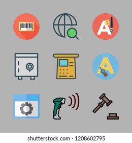 code icon set. vector set about safebox, barcode scanner, cash machine and text editor icons set.