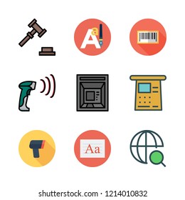 code icon set. vector set about text editor, auction, web and scanning icons set.