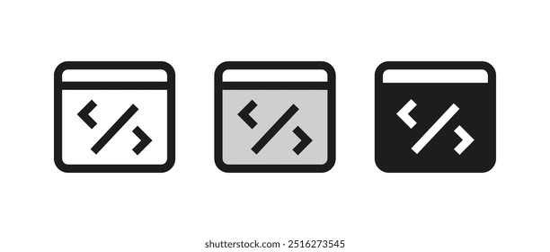 Code icon. Web development or programming symbol in three styles. Vector illustration.