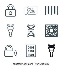 Code icons. set of 9 editable outline code icons such as dna, lock