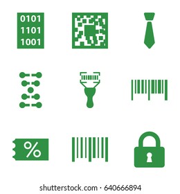 Code icons set. set of 9 code filled icons such as lock, bar code, tie, dna