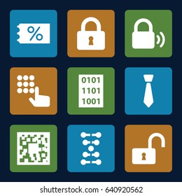 Code icons set. set of 9 code filled icons such as lock, opened lock, tie, dna, ticket on sale
