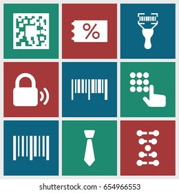 Code icons set. set of 9 code filled icons such as bar code, tie, lock, dna, ticket on sale