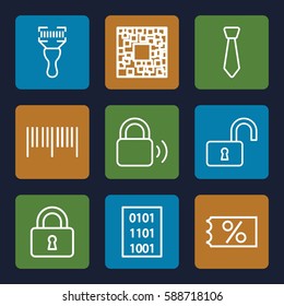 code icons set. Set of 9 code outline icons such as lock, opened lock, bar code scanner, tie