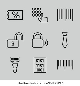 Code icons set. set of 9 code outline icons such as opened lock, bar code, tie, lock, ticket on sale