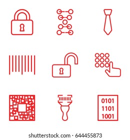 Code icons set. set of 9 code outline icons such as lock, opened lock, tie, dna