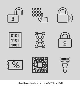 Code icons set. set of 9 code outline icons such as lock, opened lock, ticket on sale, dna
