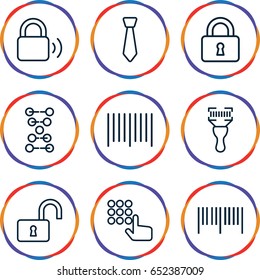 Code icons set. set of 9 code outline icons such as lock, opened lock, bar code, tie, dna
