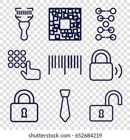 Code icons set. set of 9 code outline icons such as lock, opened lock, bar code scanner, tie, dna
