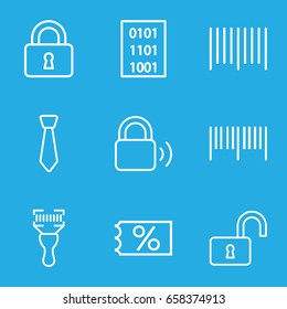 Code icons set. set of 9 code outline icons such as lock, opened lock, bar code, tie