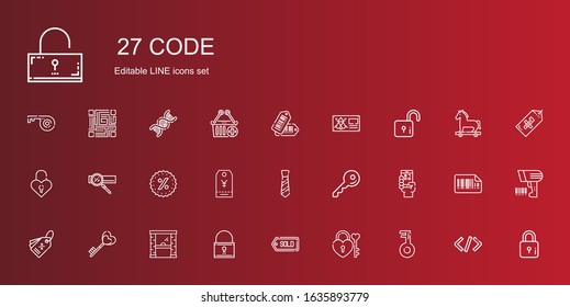 code icons set. Collection of code with key, padlock, tag, access, qr code, tie, promotions, search engine, lock, bug, tags, coding, scanning. Editable and scalable icons.