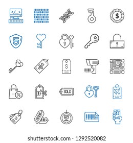 code icons set. Collection of code with qr code, bars tag, tags, padlock, price, promotions, scanning, key, unlocked, html, label, dna. Editable and scalable icons.