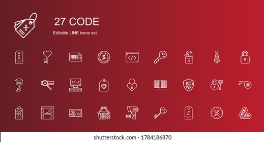 code icons set. Collection of code with tag, key, scanning, e commerce, bug, access, html, barcode, padlock, search engine, coding, tags, promotions. Editable and scalable code icons.