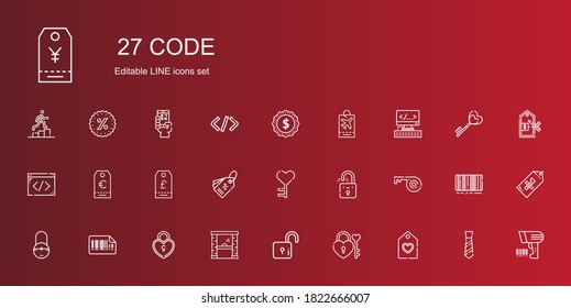 code icons set. Collection of code with tag, padlock, lock, access, bars code, key, coding, html, label, scanning, tie, barcode, price, qr code. Editable and scalable icons.