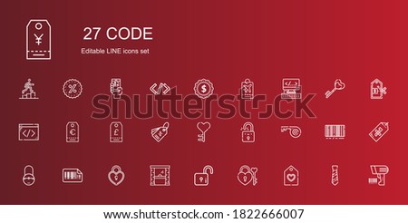 code icons set. Collection of code with tag, padlock, lock, access, bars code, key, coding, html, label, scanning, tie, barcode, price, qr code. Editable and scalable icons.