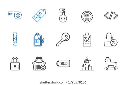 code icons set. Collection of code with trojan horse, promotion, tag, e commerce, lock, promotions, key, price, tie, coding. Editable and scalable code icons.
