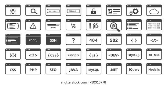 Code icons set in trendy flat style. Line code window on isolated background. Include programming  languages, development, debugging, security and software stickers 