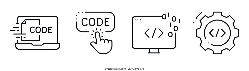 Code icons showing coding interaction on digital interface. Editable stroke