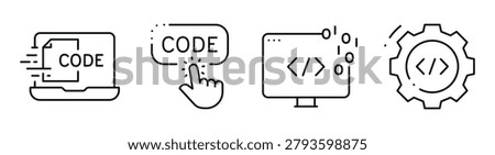 Code icons showing coding interaction on digital interface. Editable stroke