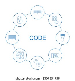 code icons. Trendy 8 code icons. Contain icons such as barcode, opened lock, hand on atm, lock, ticket on sale, qr code, bar bar scanner. icon for web and mobile.