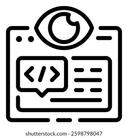 Code Inspection: Illustration depicting a large eye overseeing a computer screen displaying lines of code. Spy view icon