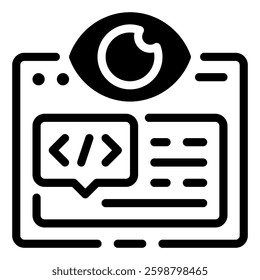 Code Inspection: Illustration depicting a large eye overseeing a computer screen displaying lines of code. Spy view icon
