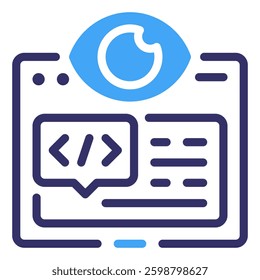 Code Inspection: Illustration depicting a large eye overseeing a computer screen displaying lines of code. Spy view icon
