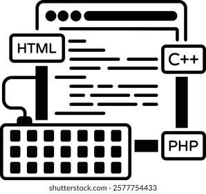 Code Interpreted connect with Keyboard vector design, Web hosting service Symbol, Computing machines Sign, Internet Application Management stock illustration, Browser based IDE Editor concept