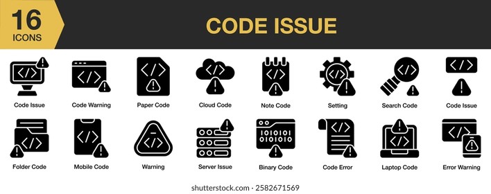 Code Issue solid icon set. Includes code, technology, data, computer, software, and More. Solid icons vector collection.