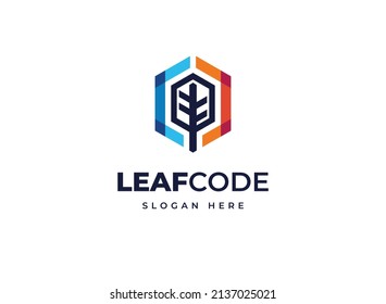 Code leaf leaves tree connect vector logo design, Creative tech ecology branch growth logo design